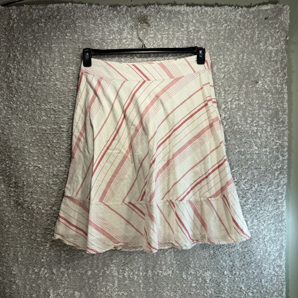 Banana Republic White Red Striped A-Line Preppy Career Skirt 12 Boho Linen Blend